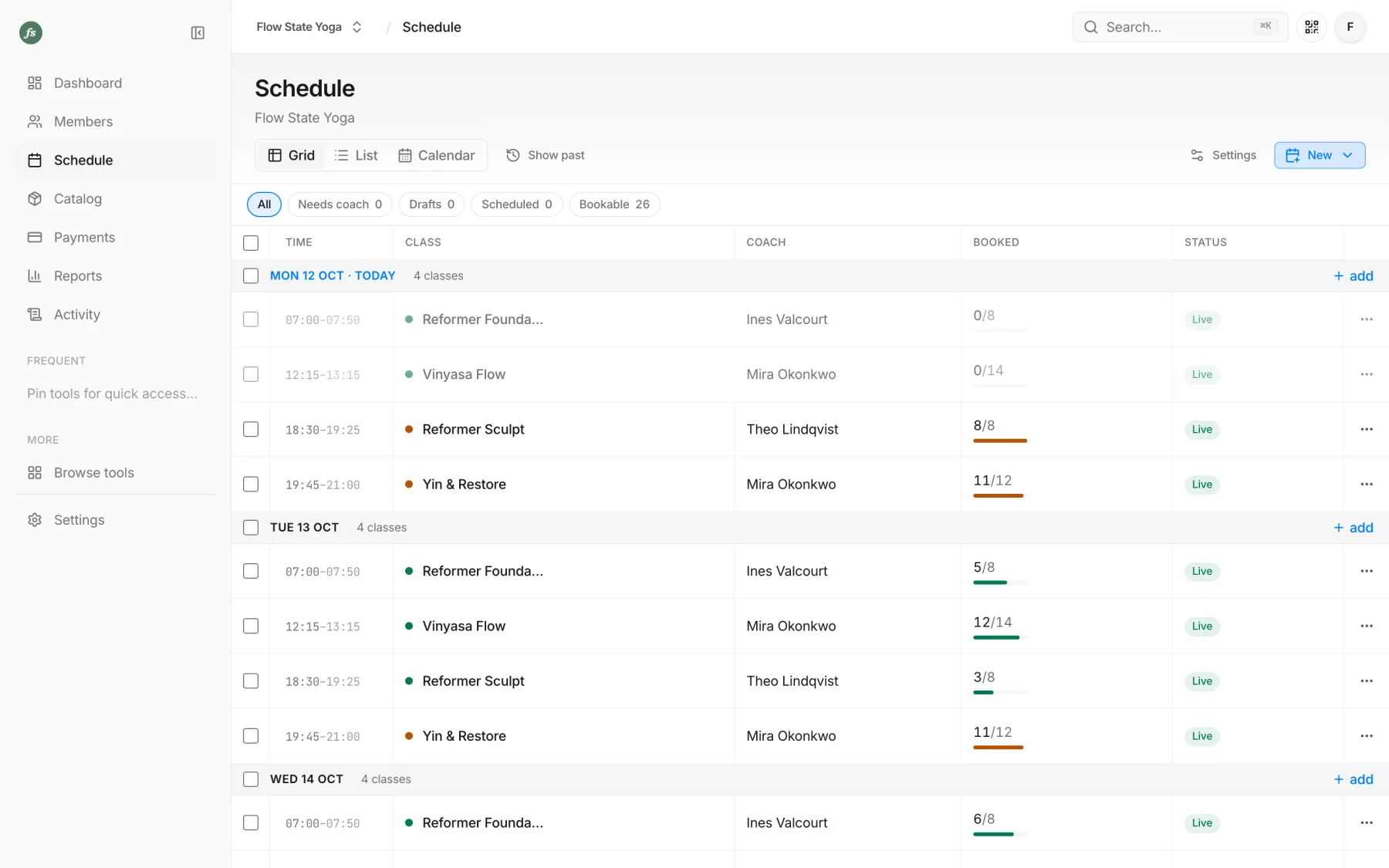 The bash schedule for a demo yoga studio in grid view, with each class, its coach and how full it is